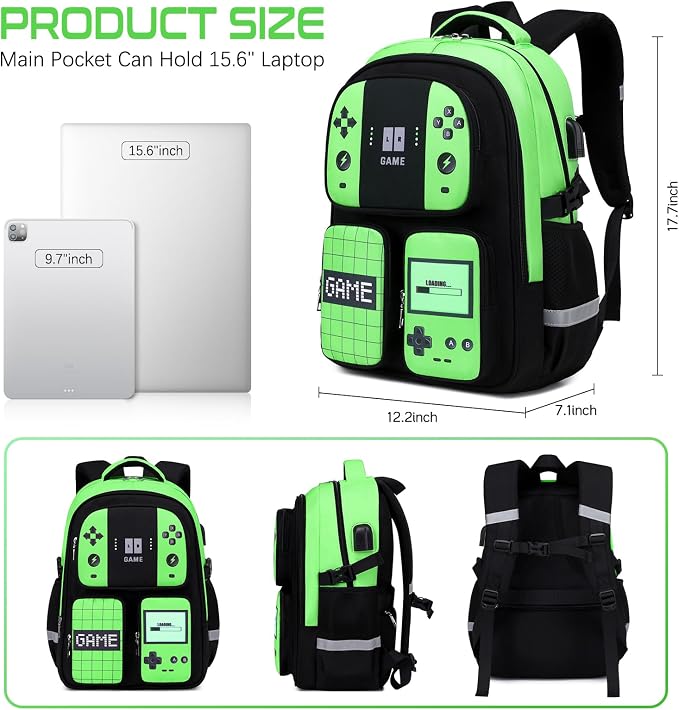 Gamer Backpack for Boys , 3PCS Boys Backpack with Lunch Box & Pencil Pouch, Waterproof School Bags for Boy Kids Children Teens, Elementary Middle School, Kids Book Bag Casual Daypack (Neon Green) - Image 2