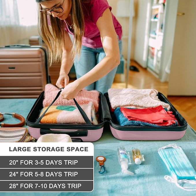 Kono 3 Piece Luggage Sets Expandable(only 28") with Spinner Wheels TSA Lock | Lightweight PC+ABS Hardside Travel Rolling Suitcases Sets 20in 24in 28in Carry on Pink - Image 6