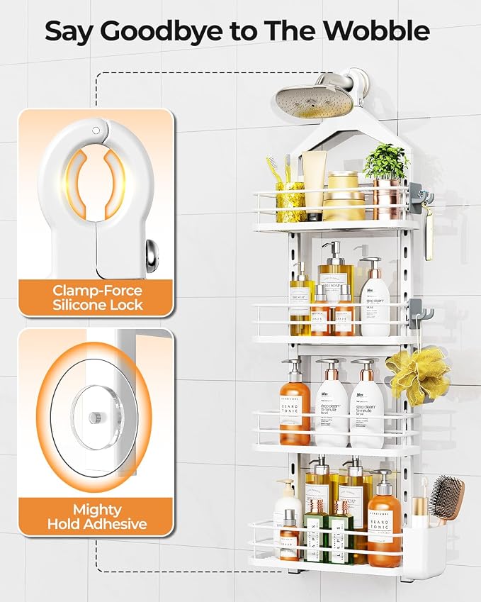 ODesign 4 Tier Adjustable Shower Rack Hanging Over Head Anti-Swing White | Shower organizer hanging,no drilling required,comes with removable hook and storage box, suitable for indoor showers - Image 5