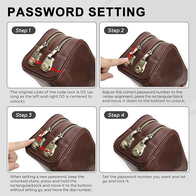CONTACTS Full Grain Leather Toiletry Bag with Lock for Men Travel Bag Shaving Dopp Kit Organizer Clutch with Handle and Double Combination Lock - Image 7