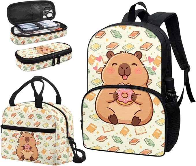 3Pcs Backpack Sets, Kids Capybara Book Bookbag Primary School Daypack Elementary Students Knapsack with Insulated Lunch Box Pencil Case for Teens Girls - Image 6