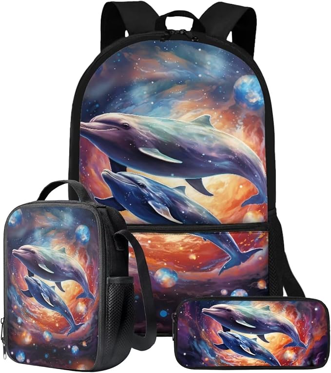 Galaxy Dolphin Print Backpack Set Schoolbag for Student Large Capacity Bookbag Lunch Box Pencil Case 17 Inch Travel Laptop Backpacks Fashion Rucksack Daypack with Side Pockets by ZIATUBLES