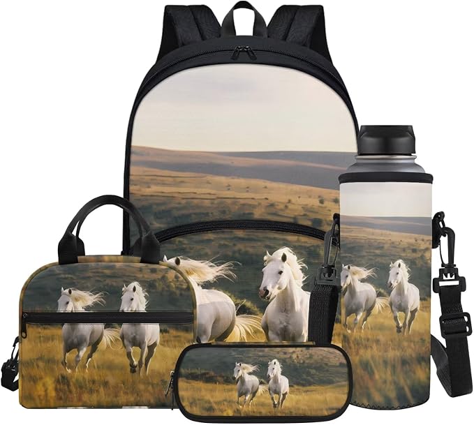Running Horse Backpack for Boys Kids Thermal Lunch Boxes & Water Bottle Bag & Pencil Case, 4-Pieces Bookbags Set by Glomenade