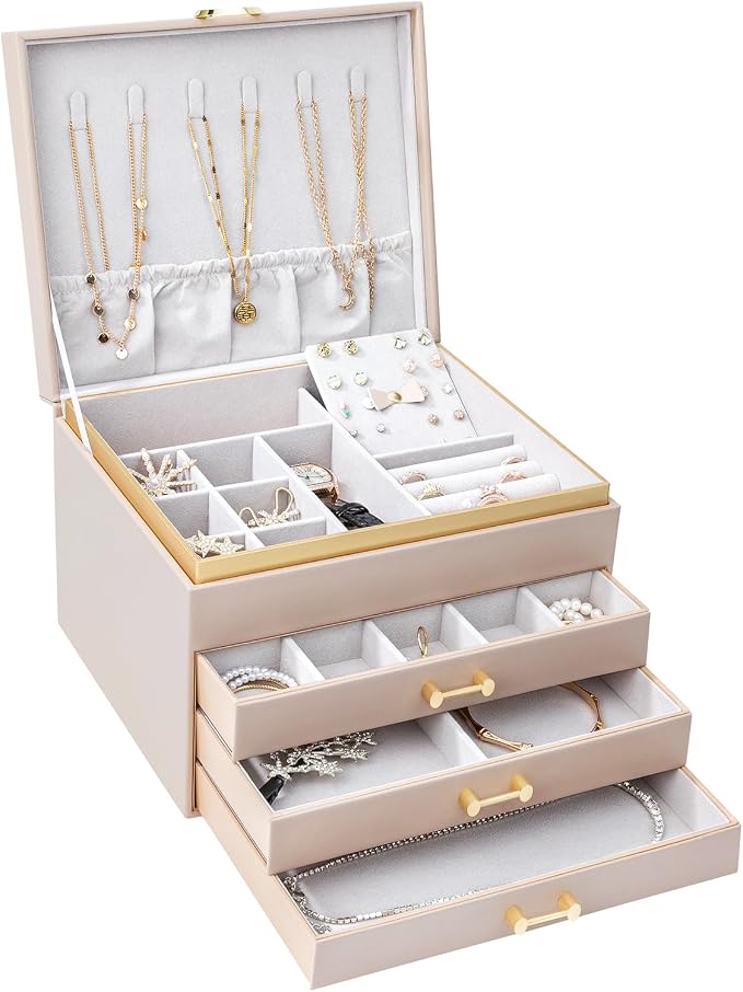 Large Jewelry Box, 4-Layer Leather Organizer, Apricot | 3 Drawers, Display Case, For Women Girls by V-LafuyJewelryBox