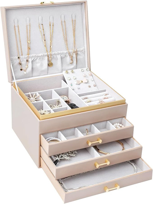 Large Jewelry Box, 4-Layer Leather Organizer, Apricot | 3 Drawers, Display Case, For Women Girls by V-LafuyJewelryBox
