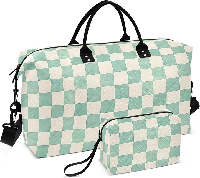 senya Weekender Bags Travel Duffel Gym Bag Mint Cream Checkerboard Carry on Overnight Tote Bag with Toiletry Bag for Airplane Travel Trip Gym Yoga, g366833926p1006c1071s2442 by senya