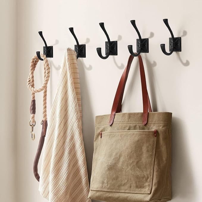 2-Pack Matte Black Coat Hooks - Wall Mounted Double Robe Hooks for Coats, Towels, Bags, Cups, Hats - Image 4