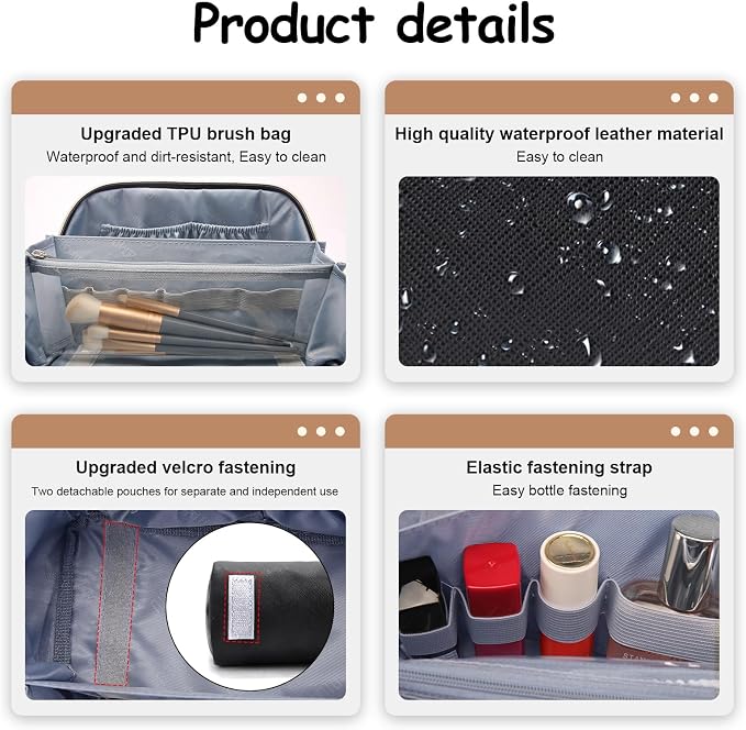 BOYATU Travel Makeup Bag Organizer Cosmetic Bag: 3 Pcs Set Make up Bags for Women with Handle - Waterproof Vegan Leather Toiletry Bags Travel Essentials Pouch with Compartments (A-01-Black) - Image 5
