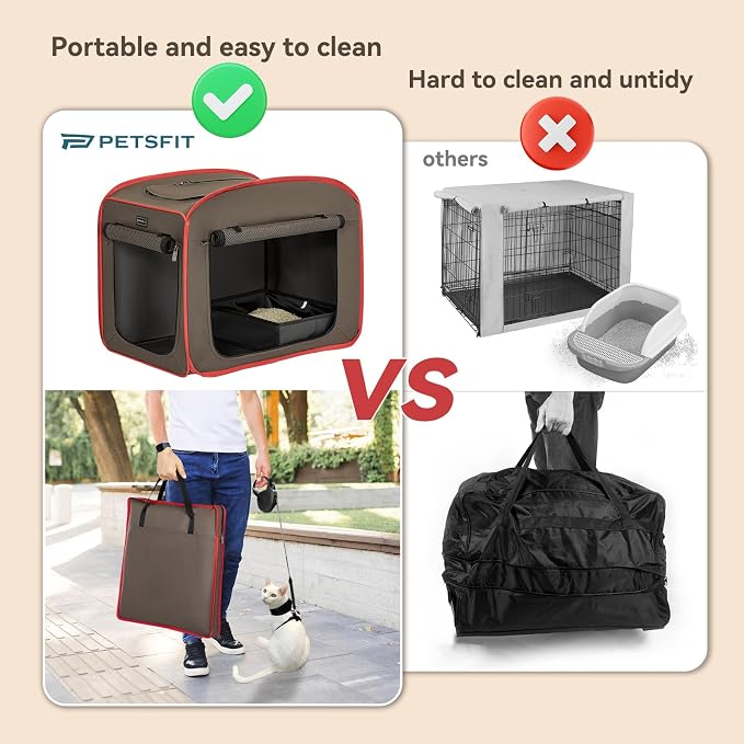 Petsfit Portable Cat Crate with Litter Box and Soft Cushion, Collapsible Pop Up Cat Kennel with Carrying Bag for Travel - Image 2