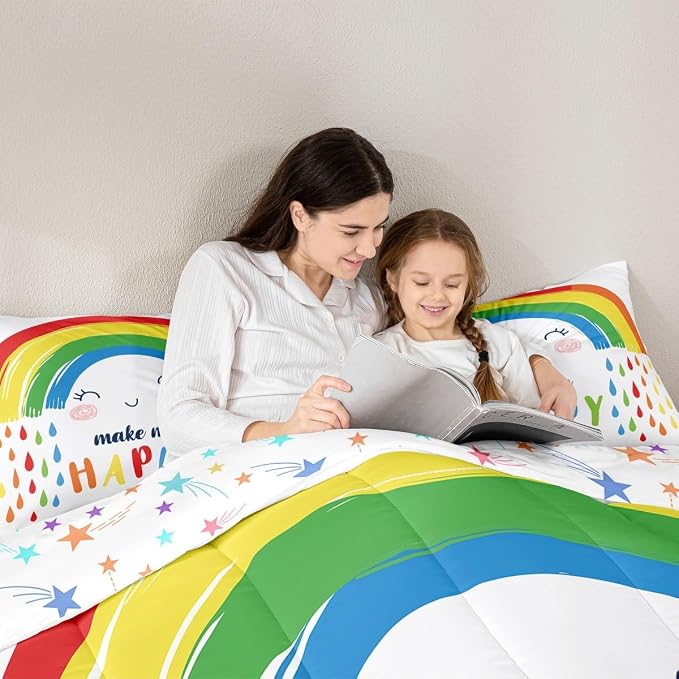 Erosebridal Rainbow Comforter Set King Size, Cartoon White Colorful Rainbow Bedding Set for Kids Girls Boys Children, Kawaii Quilted Comforter Ultra Soft Decorative 3 Piece with 2 Pillow Cases - Image 6