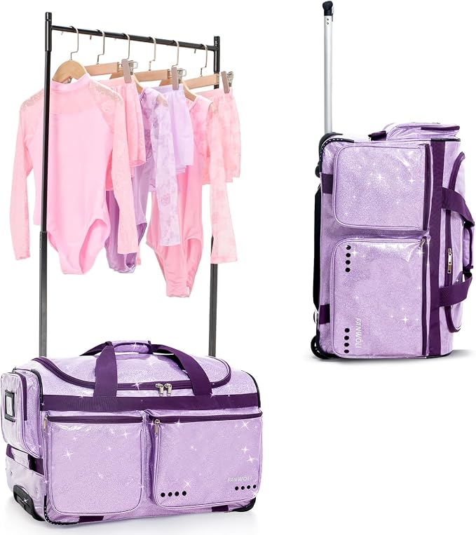 Fanwoli 23" Dance Bag with Garment Rack | Glittering Waterproof Fabric | Shine-Bright Collection | Ideal Competition Rolling Duffle Bag for Dancer Cheerleader Little Princess | Sparkle Purple by Fanwoli