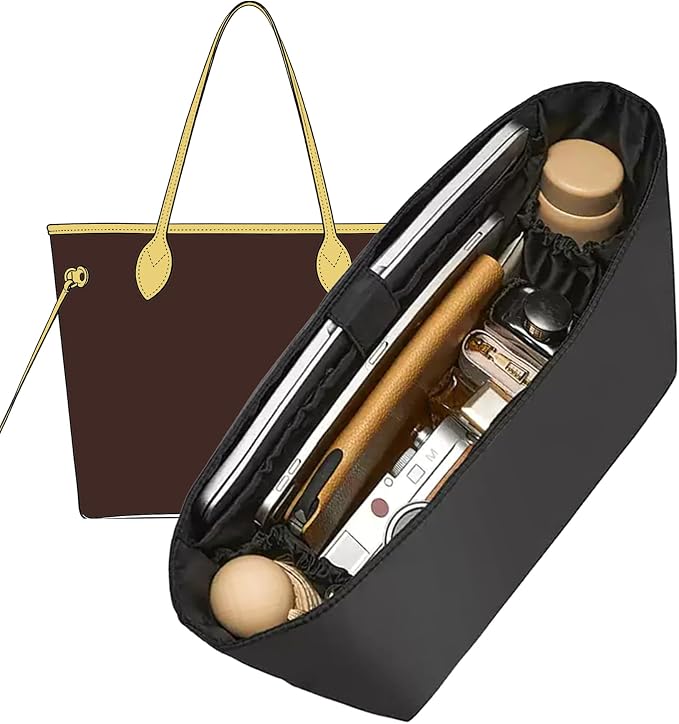 Doxo Purse Organizer Insert for LV Neverfull MM, Premium Nylon Bag Organizer with YKK Zipper & Laptop Sleeve & Bottle Holder, Multi Compartments Lightweight Waterproof Handbag Interior Divider, Black by Doxo