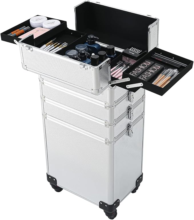 Karl home 4 in 1 Makeup Train Case Rolling Cosmetic Trolley Large Capacity Travel Organizer with Key 360°Swivel Wheels Suitcase for Beauticians Hairstylists Nail Tech Students, Silver - Image 6