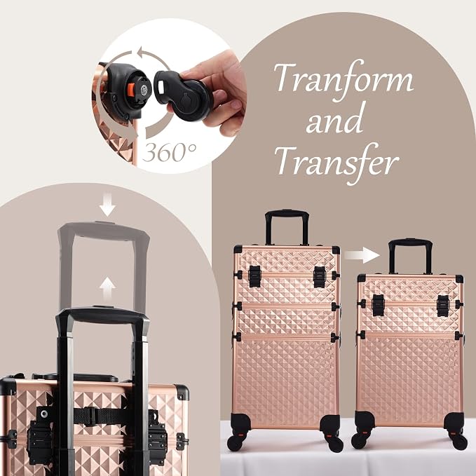 3 in 1 Professional Rolling Makeup Train Case Aluminum Trolley Case with 360° Rotation Wheels for Makuep Artist Cosmetic Suitcase Organizer with Lock and Key Diamond Pattern - Rose Gold - Image 6