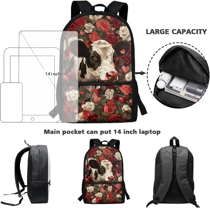 Retro Rose Cow Print Backpack Set for Student Schoolbag Large Capacity Bookbag Lunch Box Pencil Case 17 Inch Travel Laptop Backpacks Fashion Rucksack Lightweight Daypack - Image 3