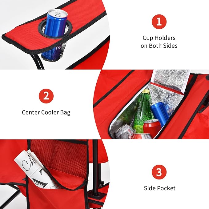 Goplus Double Camping Chair with Umbrella, Folding Loveseat Chairs w/Canopy Shade, Carrying Bag, Table, Cup Holder, Portable Beach Chairs Outdoor Picnic Patio (Red) - Image 4