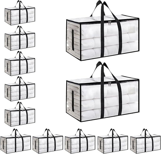 12 Pack-Extra Large Heavy Duty Moving Bags - Waterproof Storage Totes with Handles & Zippers, Foldable for College Dorm, Storage (Clear) by Unknown