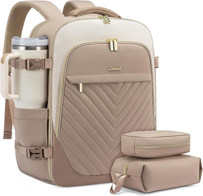 LOVEVOOK Travel Backpack for Women, TSA Approved Carry On Backpack with 2 Packing Cubes, Personal Item Backpack Fits 17 Inch Laptop, Weekender Water-resistant Daypack, Khaki-beige by LOVEVOOK