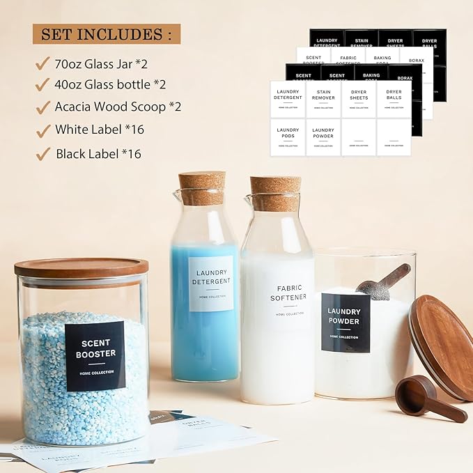 Glass Laundry Storage Containers Set, 4 Pack Liquid Detergent Dispenser with Cork Lid & Laundry Room Organization Jar with Acacia Lid, Fabric Softener Dispenser Bottles and Powder Detergent Organizer - Image 3