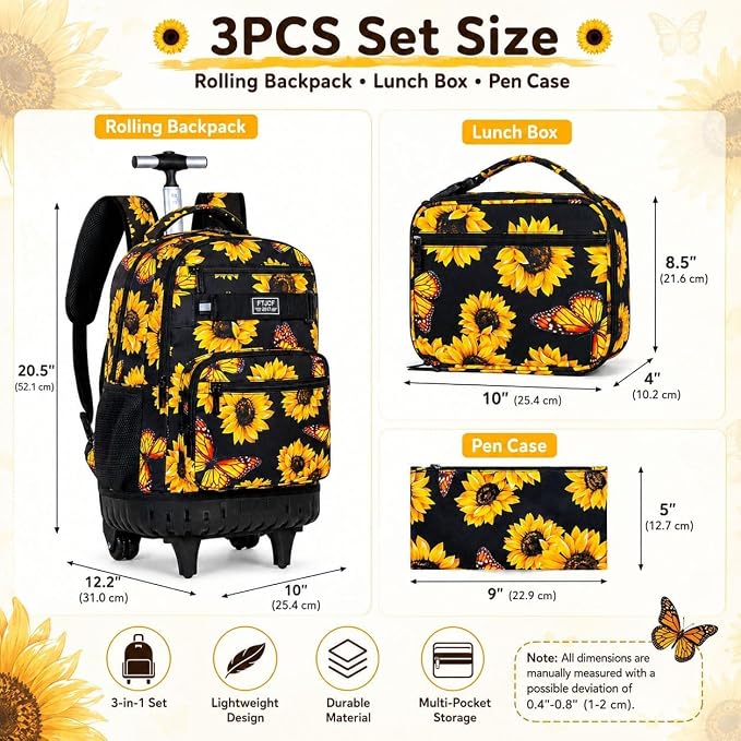 3Pcs Rolling Backpack for Girls, 19 Women Inche Roller Bag with Wheels, Sunflower Wheeled Bookbag Set for Adults(Yellow) - Image 4