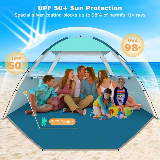 COMMOUDS Beach Tent Sun Shelter for 3/4/6/8 Person, UPF 50+ UV Protection Beach Shade Canopy Tent, Lightweight, Easy Set Up and Carry - Image 3