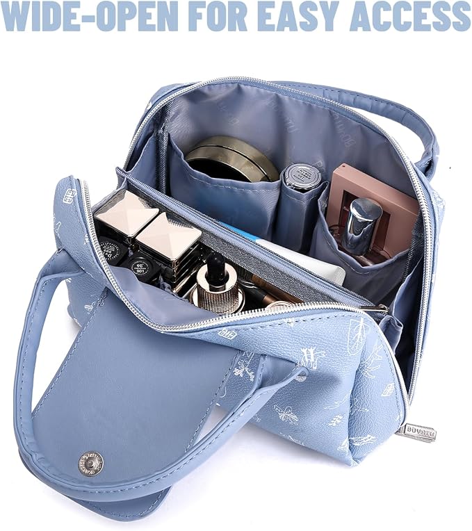 BOYATU Travel Makeup Bag Organizer with Handle: Forest Animal Cosmetic Bag Holds 10+ 100ml Full-Size Bottles for Dates & Trips - Waterproof Leather Toiletry Pouch 3-sec Touch-up for Chic Woman(Blue) - Image 4
