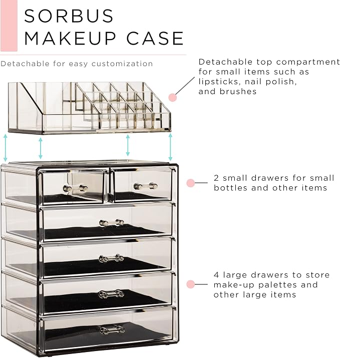 Sorbus Acrylic Makeup Organizer Set, 6-Drawer Vanity & Countertop Cosmetic Storage with Small & Wide Compartments, Black-Tint Makeup Storage for Brushes, Jewelry – Holiday Gift for Women & Teens - Image 4