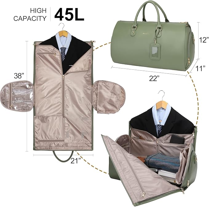 Modoker Women Convertible Leather Garment Bag with Shoulder Strap, PU Leather Garment Duffel Bag Carry on 2 in 1 Hanging Suitcase Suit Travel Bags, Green - Image 3