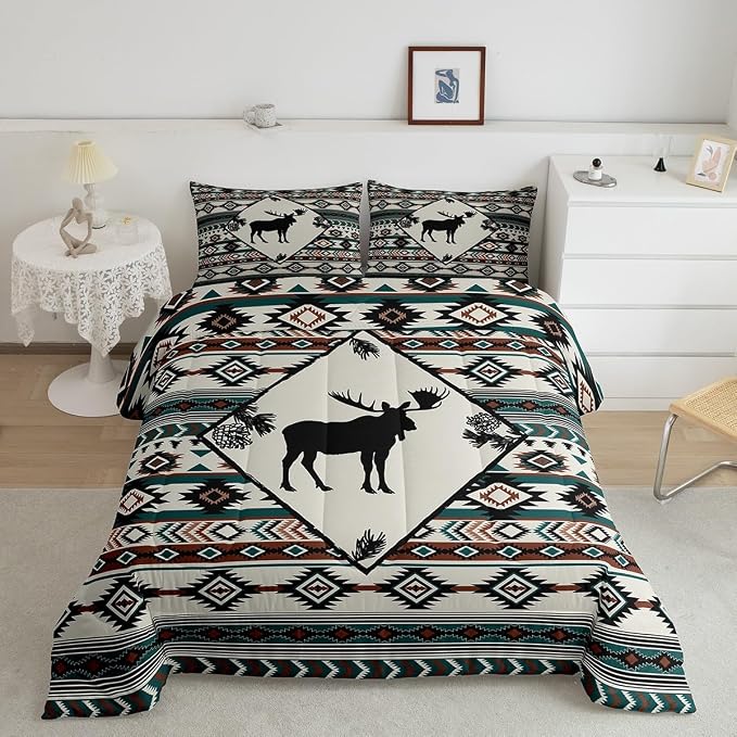 Erosebridal Rustic Moose Comforter Set for Cabin Lodge Southwest Bedding Set Aztec Geometric Tribal Quilt Farmhouse Hunting Animal Duvet Insert with 1 Pillowcase Lightweight Warm,Twin - Image 2