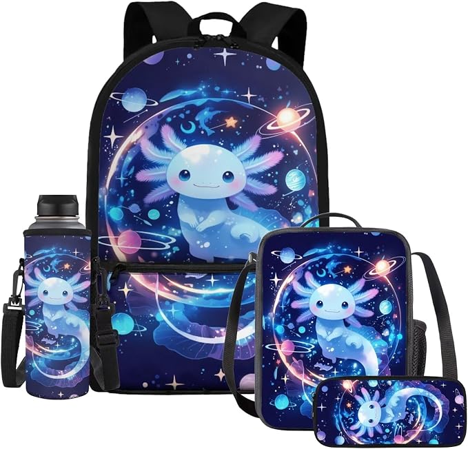 Axolotl Backpack with Lunchbox Kids Space School Bag and Lunch Bag Set for Boys 6-8 Large Capacity Bookbag/Lunch Box/Pencil Case/Water Bottle Holder, 4 Piece Solar System Planet Backpacks by Dremagia