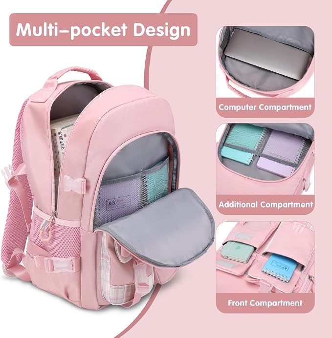 ACESAK Backpack for Girls with Headphones - Girls Backpack with Lunch Box, Pencil Case & Kids Headset - 3.5mm Wired Headphones for School Bookbag Schoolbag Set Back To School Gift (Pink) - Image 3