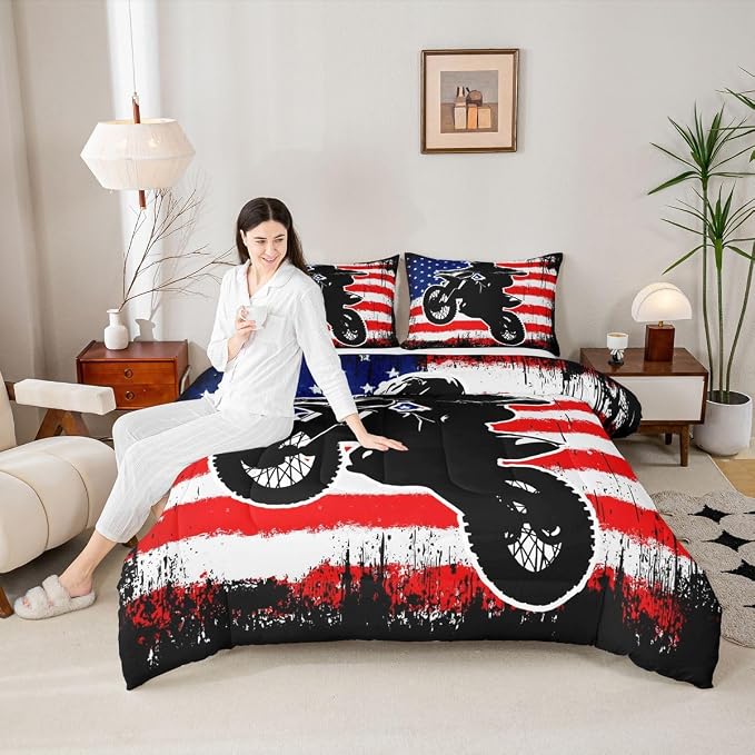 Dirt Bike Comforter Set Full Motocross Comforter Retro American Flag Bedding Set for Kids Boys Teens Men Grunge Room Decor,Extreme Sports Tie Dye Bed Set Motor Biker Motorcycle Quilt Duvet Set 3 Pcs - Image 4