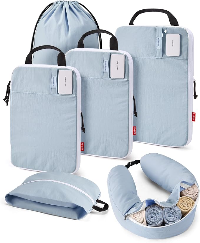 BAGSMART 6 Set Packing Cubes for Travel with Budget Airline Neck Pillow | Compression organizer bags, travel essentials for budget airline carry-ons, luggage, suitcases, closets, premium taslan by BAGSMART