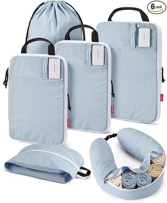 BAGSMART 6 Set Compression Packing Cubes Travel Essentials with Neck Pillow | Premium taslan organizer bags for budget airline carry-ons, luggage, suitcases, closets, cruises by BAGSMART