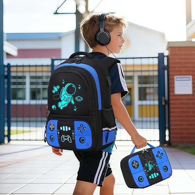 Bevalsa Backpack for School Boys, Cool Luminous Gamer Boys Schoolbag with Lunch Box & Pencil Case Set for Kids Teens Elementary Middle School, Bookbag Glow In The Dark(Blue Astronaut Backpack) - Image 8