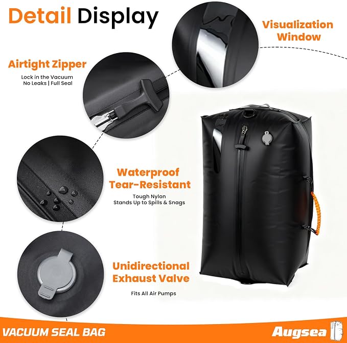 34L Vacuum Seal Bags for Clothing Travel - IP67waterproof & Reusable, Electric Pump Included, Travel Vacuum Bags with Pump,Compression Storage Bags for Luggage/Backpack Packing (1PC) - Image 4