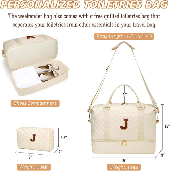 Gift for Women Initial Travel Duffle Bag Quilted Weekender Bags Carry-On Overnight with Cosmetic Bag, Gym Bag with Shoe Compartment Hospital Bag for Women Labor Delivery, Beige-J - Image 6