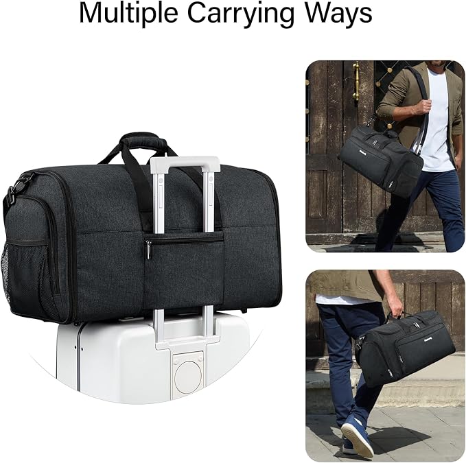 Hanke 2 In 1 Carry On Garment Duffle Bag with Shoe Compartment, Black | 55L Large Capacity with Multi-Pockets & Shoulder Strap, Wrinkle-Free, Water-Resistant, Portable Weekender for Business - Image 6