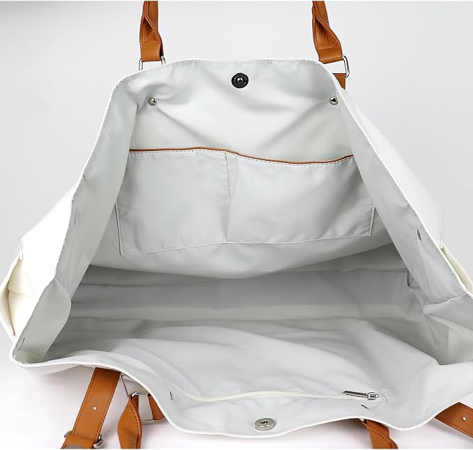 Lamyba Beach Bag with Vegan Leather Handle, Extra Large Beach Bag for Women Waterproof Sandproof, White | with Vegan Leather Handle - Image 2