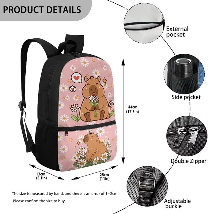 Capybara Backpack for Girls Elementary School Bag 5 in 1 Bookbag Set with Lunch Box Pencil Case Water Bottle Sleeve Bookmark for Teen Boys School Bookbag Camping,Daisy - Image 3