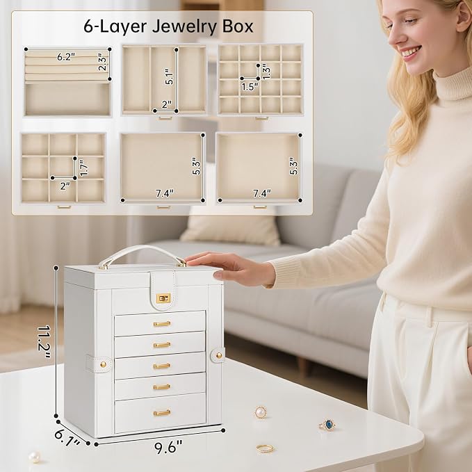 AKOZLIN 6-Tier Jewelry Box Organizer Functional 5 Drawers Leather Jewelry Storage Case for Women Girls Ring Necklace Earring Bracelet Holder Organizer with Mirror Medium White - Image 5