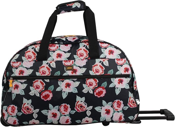 Lucas Designer Carry On Luggage Collection - Lightweight Pattern 22 Inch Duffel Bag- Weekender Overnight Business Travel Suitcase with 2- Rolling Spinner Wheels (ROSE BOUQUET NAVY, 22in) by LUCAS