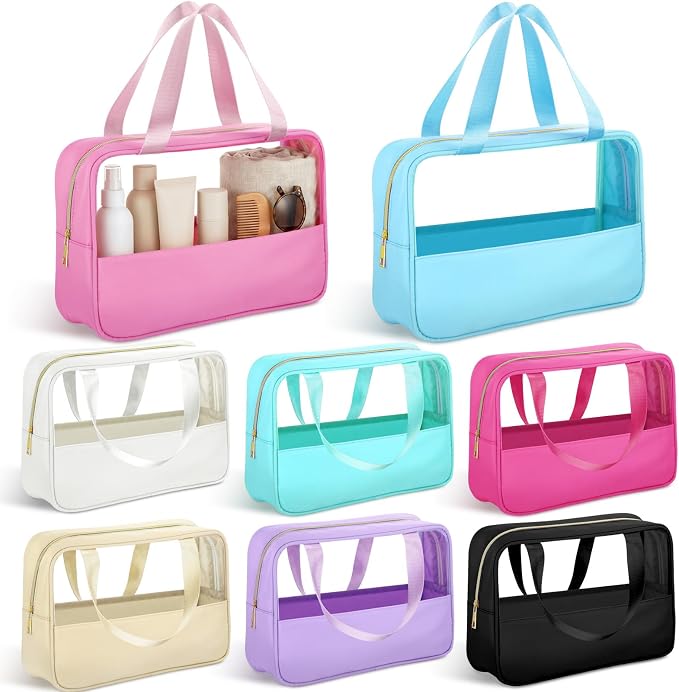 Hillban 8 Pcs Translucent Makeup Bags for Travel Bridesmaid Bag Large Clear Travel Bags with Handle Bulk Preppy Waterproof Toiletry Bag Summer Party Favor Gifts for Letter DIY 12 x 3.54 x 7.8 Inches by Hillban
