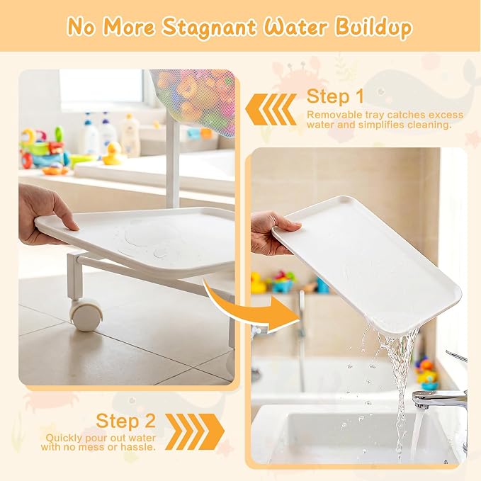 Bath Toy Storage Holder, Quick Drying Bathtub Toy Organizer with 2 Hanging Mesh Net and Shower Caddy, Large Bath Tub Toy Bin Easy Access, Freestanding Bathroom Toys Basket Cart for Toddler - Image 4
