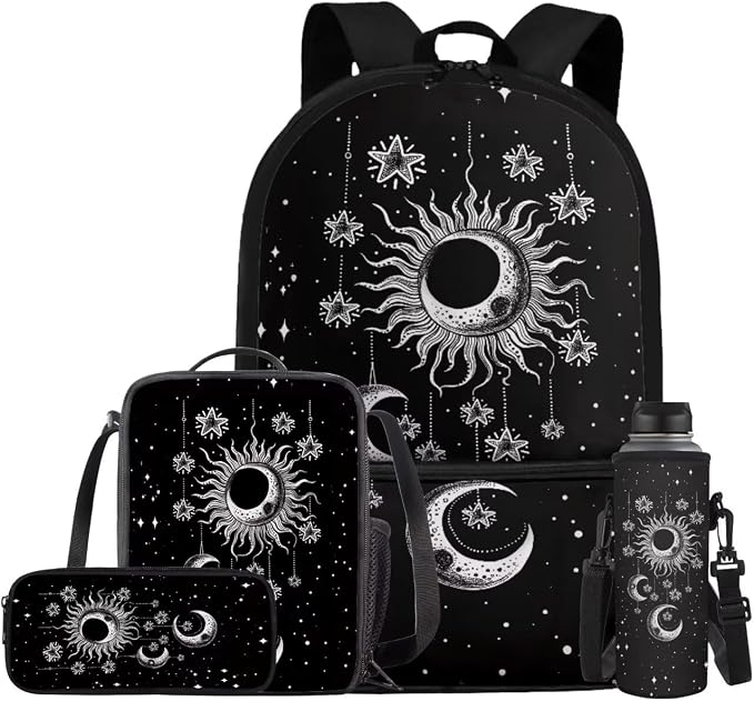 Gothic Sun Moon Stars Backpack for Girls Kids Backpack with Lunch Box Water Bottle Holder and Soft Pencil Case 4PCS Set Bookbag with Front Pocket for School 17 inch Large Capacity School Bag by ELEDIZI