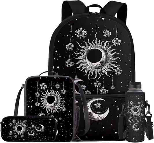 Gothic Sun Moon Stars Backpack for Girls Kids Backpack with Lunch Box Water Bottle Holder and Soft Pencil Case 4PCS Set Bookbag with Front Pocket for School 17 inch Large Capacity School Bag by ELEDIZI