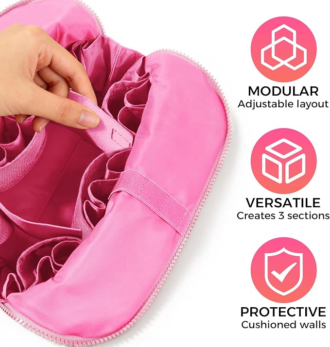 Travel Makeup Organizer Bag with Fold-Down Design and Adjustable Dividers, 27 Pockets & 3 Brush Storage Holders, Large Capacity Cosmetic Bags Toiletry Case - Pink - Image 5