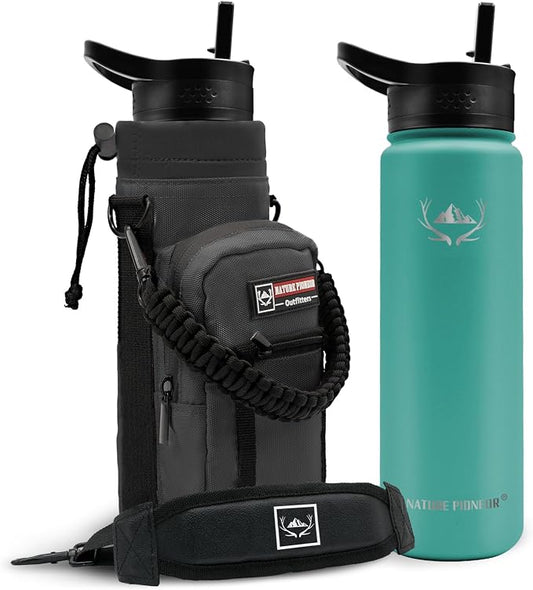 NATURE PIONEOR 24 oz Insulated Water Bottle with Carrier Bag & 3 Lids | 18/8 Food-grade Stainless Steel, Double Vacuum Insulation, 3 Leak-proof Lids, Strap, Camping, Hiking, Gym, Work by NATUREPIONEOR