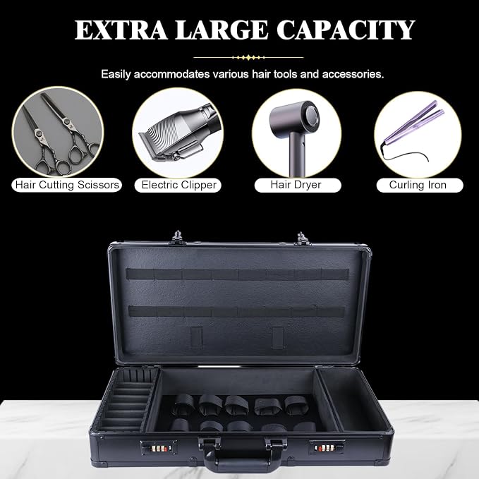 GYKLE Black Barber Case, Large Barber Carrying Suitcase with Code Lock | Large Space, Comes with Shoulder Strap, Aluminum Clippers Case, Hair Cutting Tools Organizer Box - Image 4