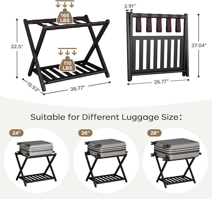 26.77"L Luggage Rack for Guest Room - 1 Pack Full Assembled Luggage Rack Stand for Suitcases, Foldable Luggage Holders with Shoe Shelf, 5 Nylon Straps for Bedroom, Hotel (Black Bamboo Suitcase Stands) - Image 2
